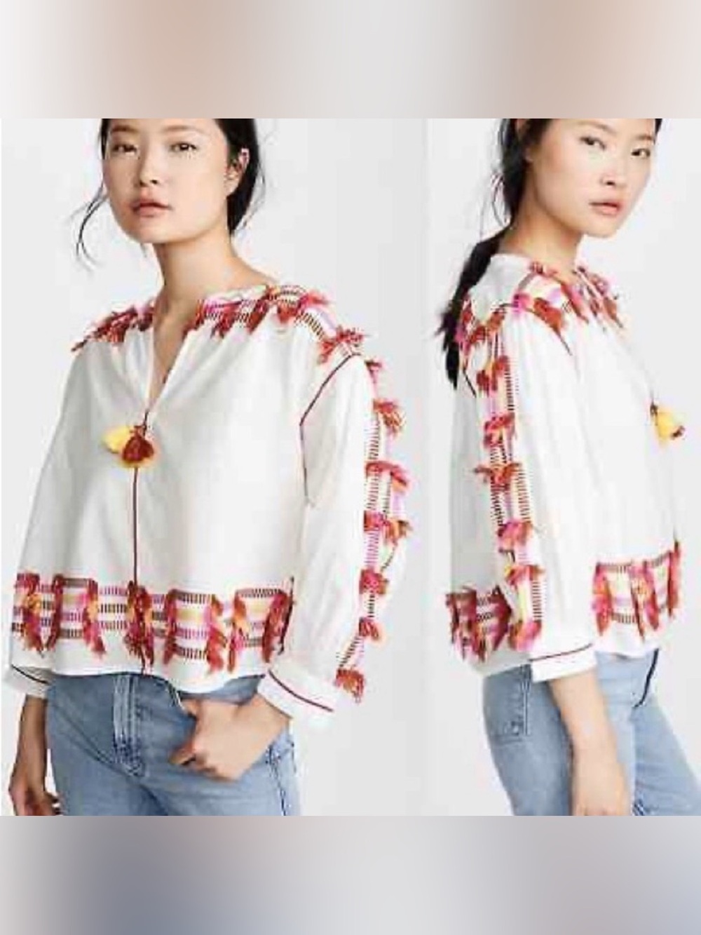 Roller Rabbit Fez Fringe Laura White Peasant Top with Pink & Orange Tassel Trim